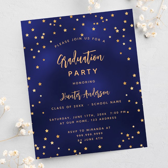 Graduation party blue gold stars budget invitation (Creator Uploaded)