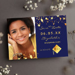 Graduation party blue gold stars photo 2025 save the date<br><div class="desc">A photo Save the date card for a graduation party 20XX. On front: Add your own vertical size photo of the graduate. A classic navy blue background colour, decorated with faux gold stars. Personalise and add a name and date. Golden letters. The name and the text: Save the Date are...</div>