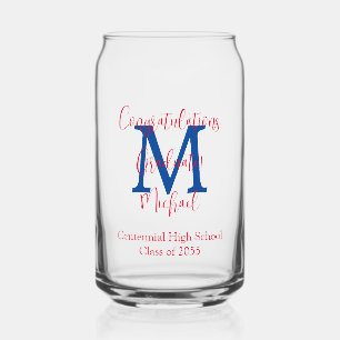 Graduation Party Blue Monogram Red Name Can Glass