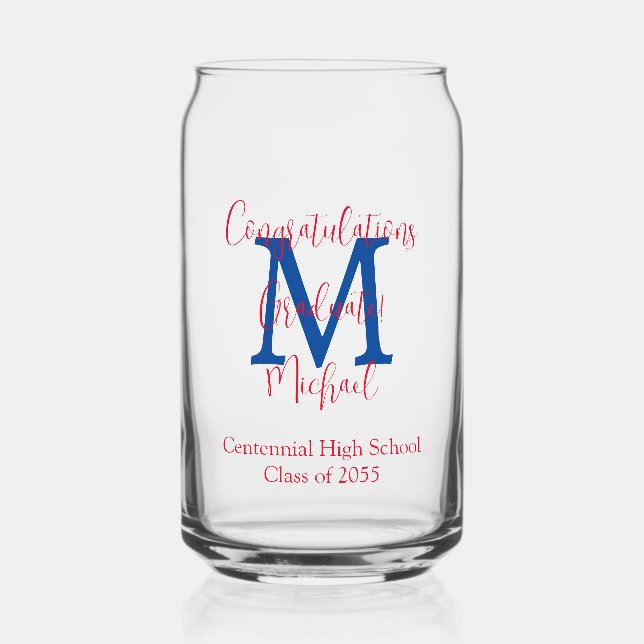 Graduation Party Blue Monogram Red Name Can Glass (Front)