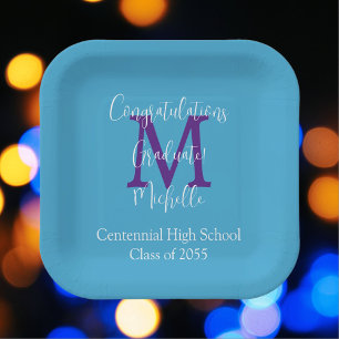 Graduation Party Blue Purple White Name Monogram Paper Plate