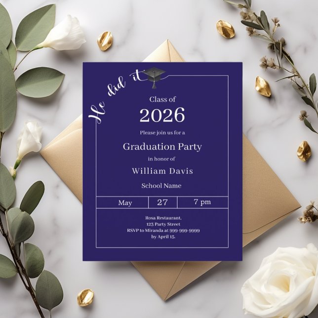 Graduation party blue white He did it invitation (Creator Uploaded)