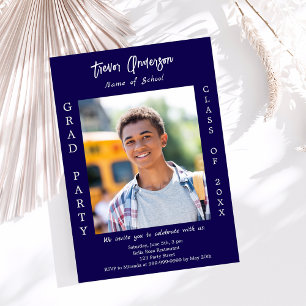 Graduation party blue white photo invitation