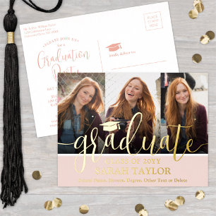 Graduation Party Blush Pink 3 Photo Modern Script Foil Invitation Postcard