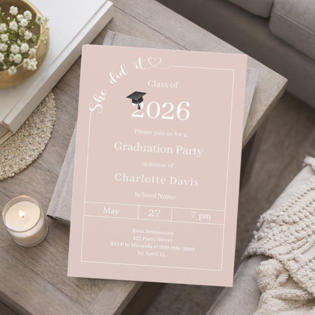 Graduation party blush pink neutral She did it Invitation (Creator Uploaded)