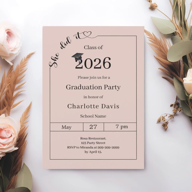 Graduation party blush pink neutral She did it Invitation (Creator Uploaded)