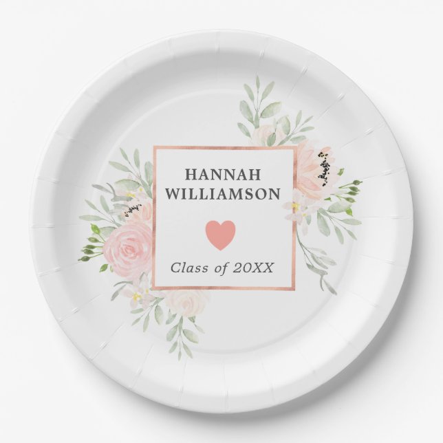 Graduation Party Blush Pink Rose Floral Paper Plate (Front)