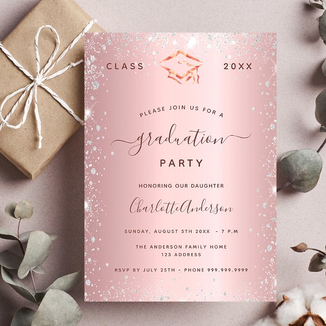 Graduation party blush pink silver 2025 invitation postcard (Creator Uploaded)