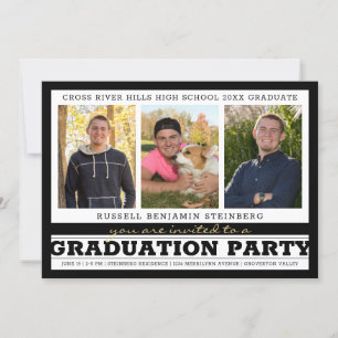 Graduation Party Bold Stripes 4 Photo Black White Invitation