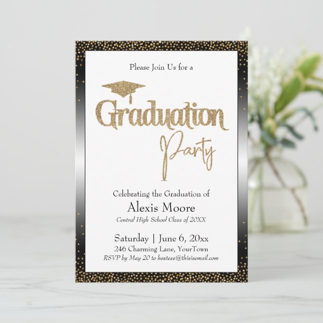 Graduation Party Bordered Gold Confetti Invitation (Standing Front)