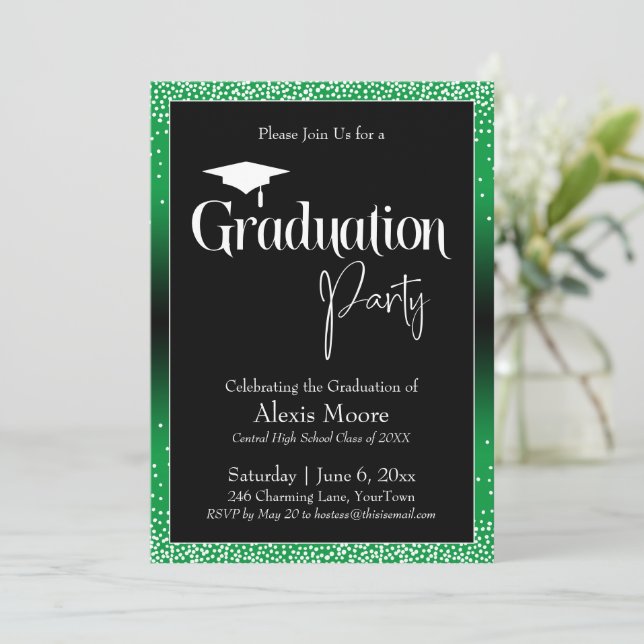 Graduation Party Bright Green Ombre Confetti Invitation (Standing Front)