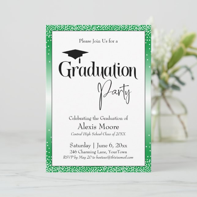 Graduation Party Bright Green Ombre Confetti Invitation (Standing Front)