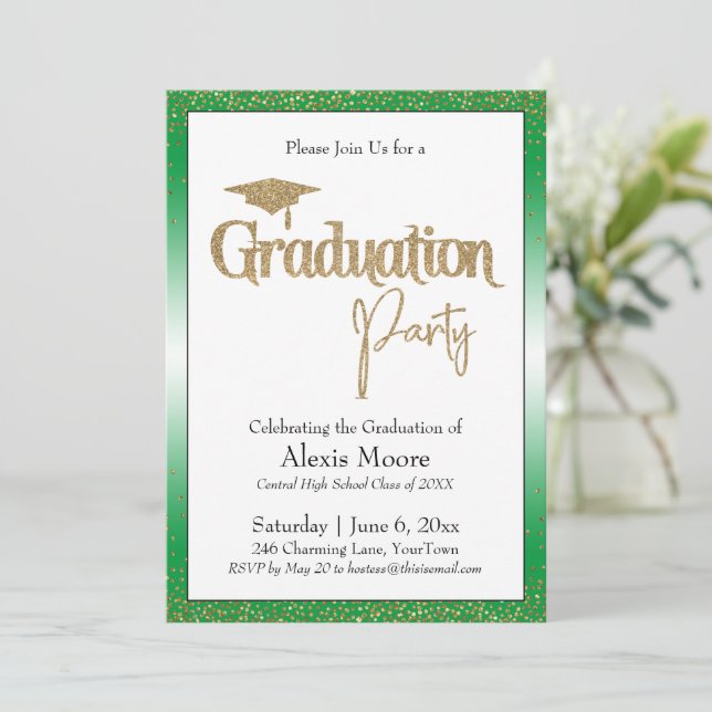 Graduation Party Bright Green Ombre Gold Confetti Invitation (Standing Front)
