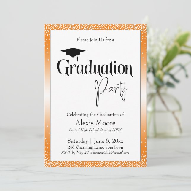 Graduation Party Bright Orange Ombre Confetti Invitation (Standing Front)