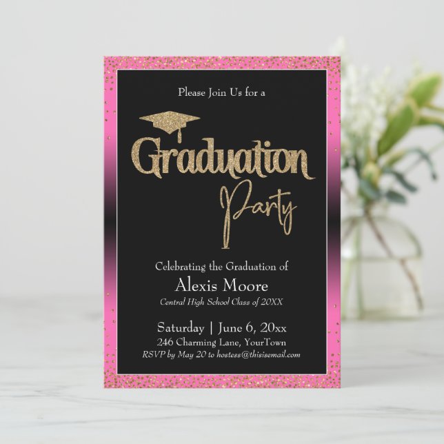 Graduation Party Bright Pink Ombre Confetti Invitation (Standing Front)