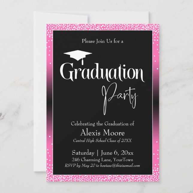 Graduation Party Bright Pink Ombre Confetti Invitation (Front)