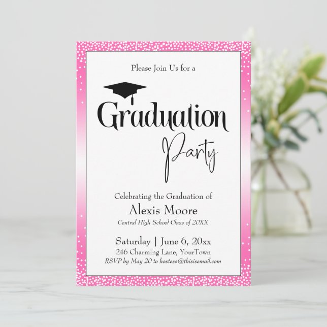 Graduation Party Bright Pink Ombre Confetti Invitation (Standing Front)