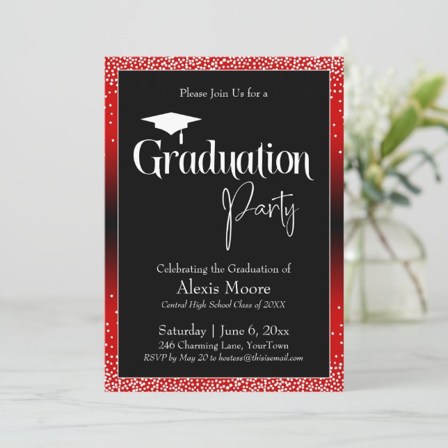 Graduation Party Bright Red Ombre Confetti Invitation (Standing Front)