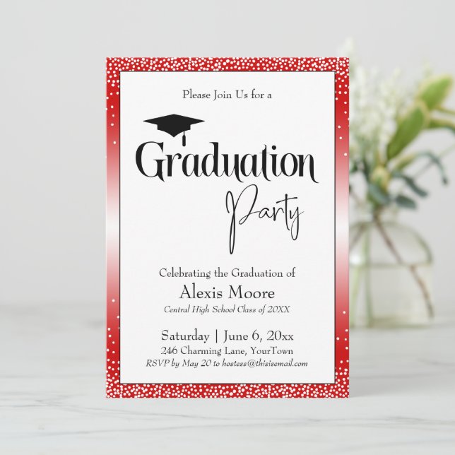 Graduation Party Bright Red Ombre Confetti Invitation (Standing Front)