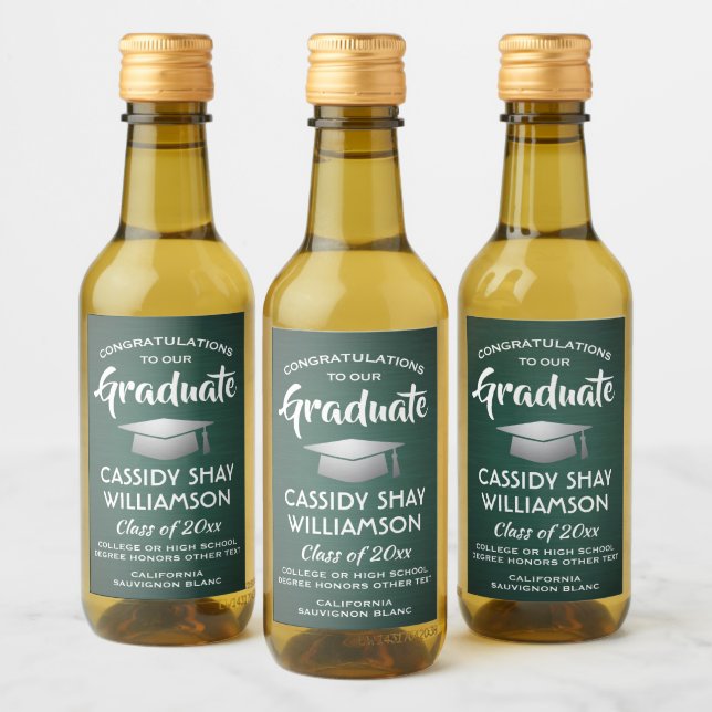 Graduation Party Brushed Dark Green and White Mini Wine Label (Bottles)