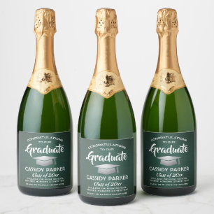 Graduation Party Brushed Dark Green White & Silver Sparkling Wine Label