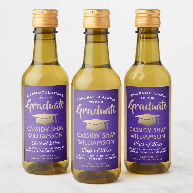 Graduation Party Brushed Purple Gold & White Mini Wine Label (Bottles)