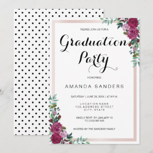 Graduation Party burgundy floral invitation card
