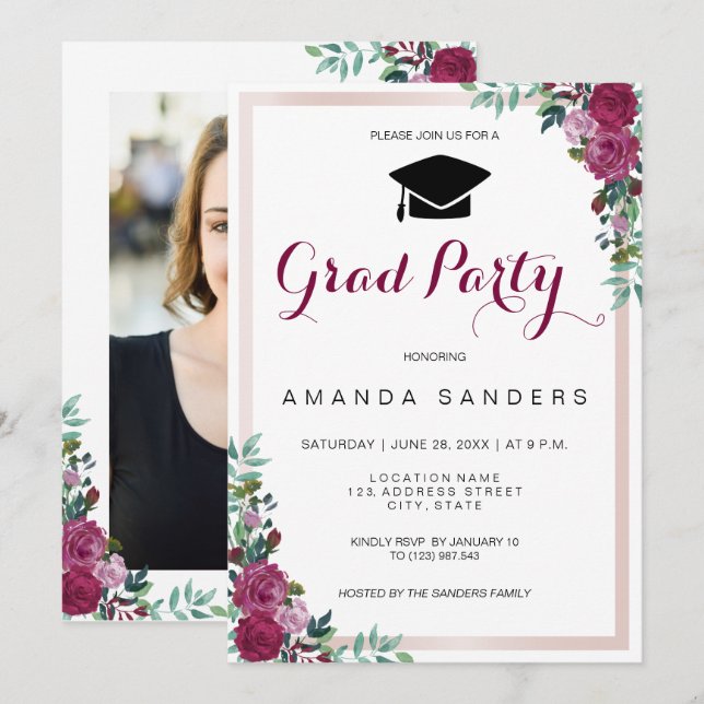 Graduation Party burgundy floral photo card (Front/Back)