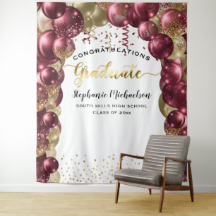 Graduation Party Burgundy Gold Balloons Streamers Tapestry