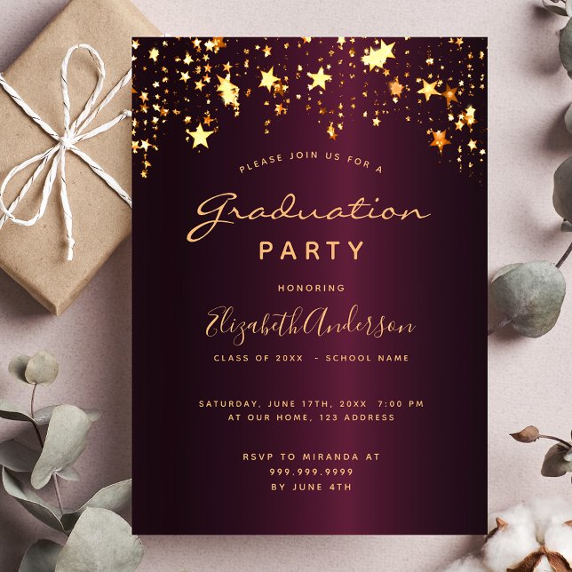 Graduation party burgundy gold stars 2025 luxury invitation (Creator Uploaded)