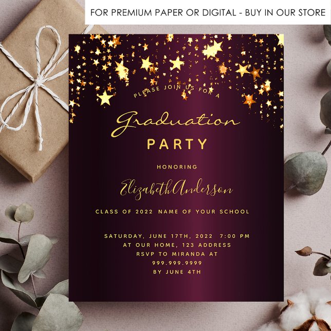 Graduation party burgundy gold stars glamourous postcard (Creator Uploaded)