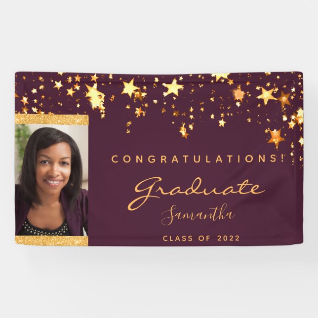 Graduation party burgundy gold stars photo 2025 banner (Horizontal)