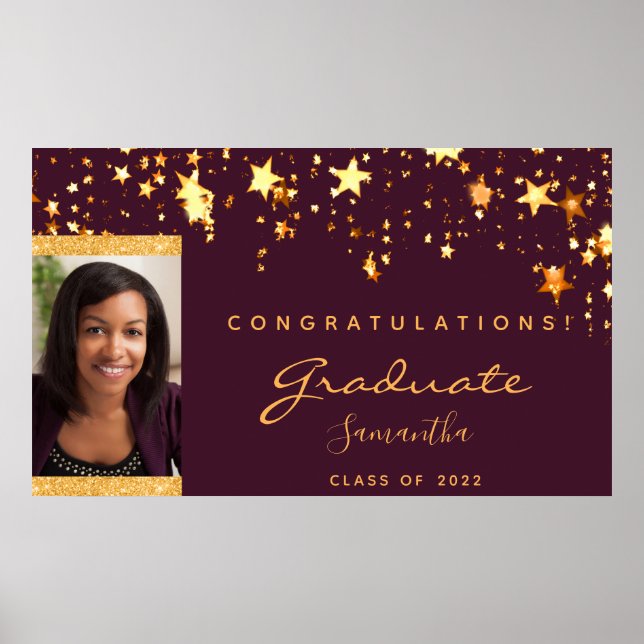 Graduation party burgundy gold stars photo poster (Front)