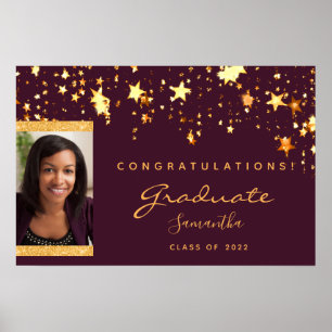 Graduation party burgundy gold stars photo poster