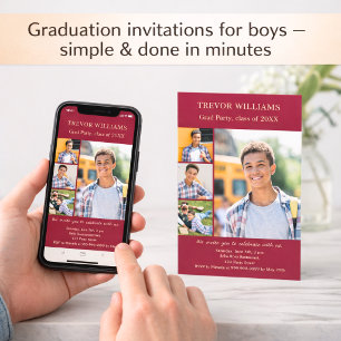 Graduation party burgundy photo collage invitation