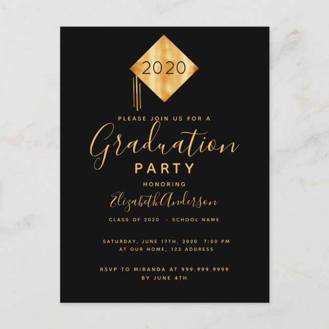 Graduation party cap black gold 2025 invitation postcard (Front)