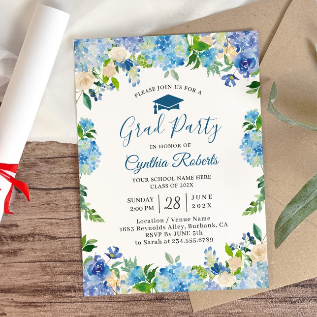Graduation Party Chic Blue Hydrangeas Floral Invitation (Creator Uploaded)