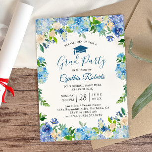 Graduation Party Chic Blue Hydrangeas Floral Invitation