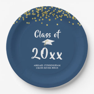 Graduation Party CLASS OF Blue Gold Glitter Paper Plate