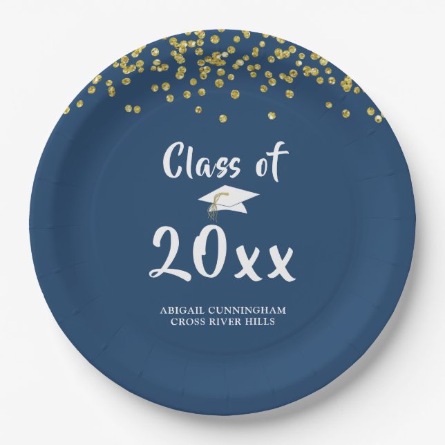 Graduation Party CLASS OF Blue Gold Glitter Paper Plate (Front)