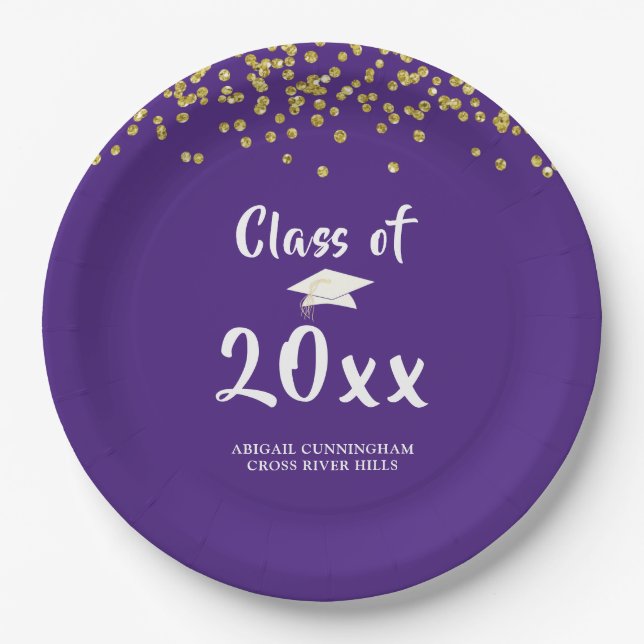 Graduation Party Class of Purple Gold Confetti Pa Paper Plate (Front)