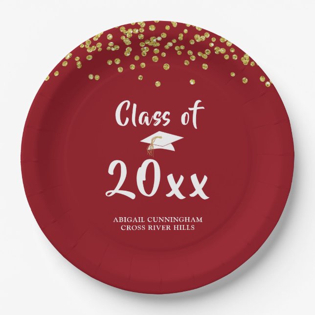 Graduation Party CLASS OF Red Gold Glitter Paper Plate (Front)