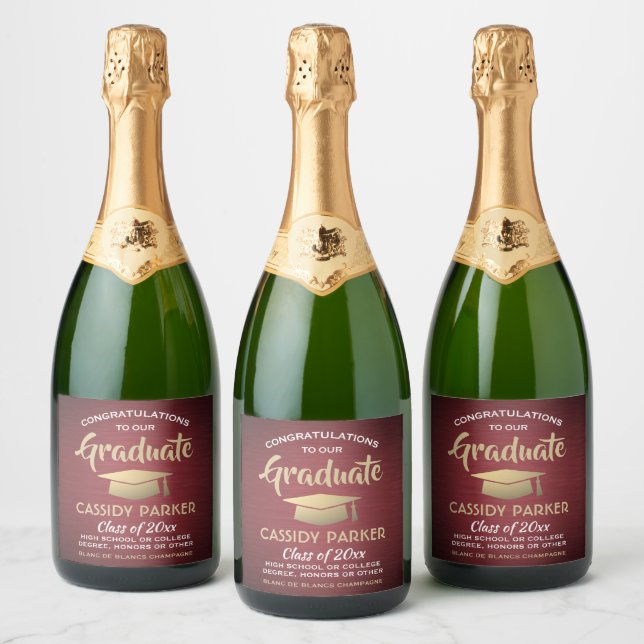 Graduation Party Congrats Burgundy Red Gold White Sparkling Wine Label (Bottles)