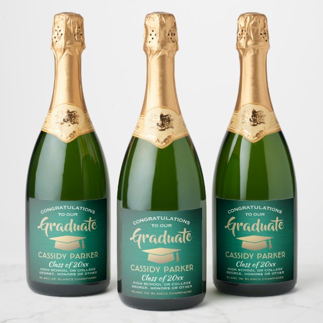 Graduation Party Congrats Green Gold White Elegant Sparkling Wine Label (Bottles)