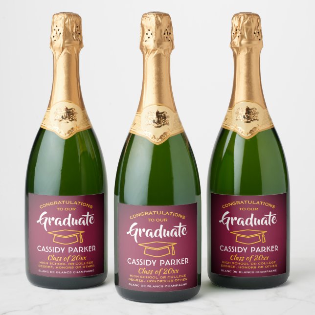 Graduation Party Congrats Maroon Red Gold Yellow Sparkling Wine Label (Bottles)