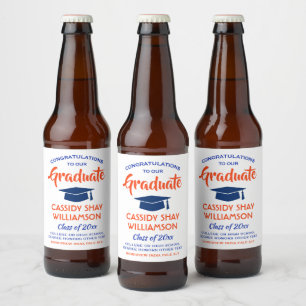Graduation Party Congrats Modern Orange and Blue Beer Bottle Label