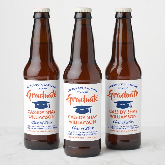 Graduation Party Congrats Modern Orange and Blue Beer Bottle Label (Bottles)