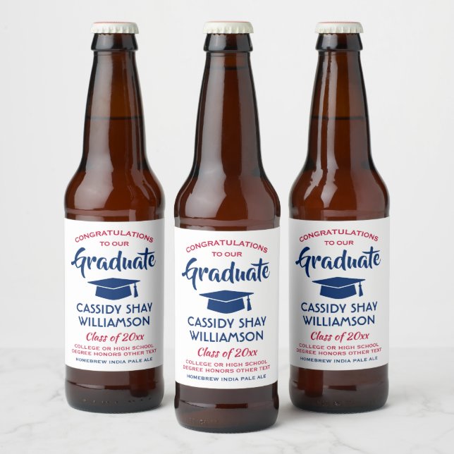 Graduation Party Congrats Modern Red White & Blue Beer Bottle Label (Bottles)
