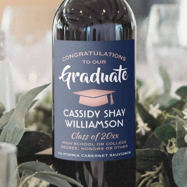 Graduation Party Congrats Navy Blue Pink Rose Gold Wine Label (Creator Uploaded)