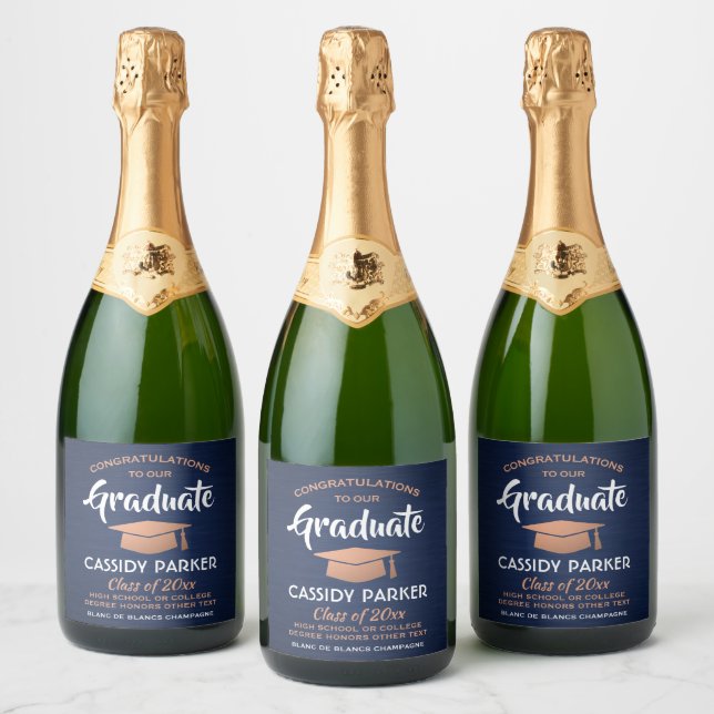 Graduation Party Congrats Navy Blue White & Copper Sparkling Wine Label (Bottles)